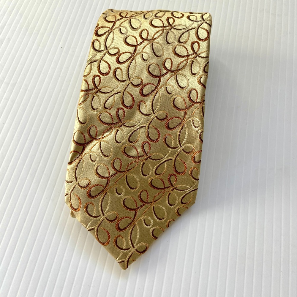 Roberto Villini Couture Gold Doodle Swirl SevenFold Mens Silk Tie‎